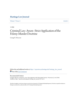 Criminal Law: Arson--Strict Application of the Felony-Murder Doctrine George R