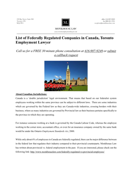 List of Federally Regulated Companies in Canada, Toronto Employment Lawyer