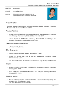 Dr. P. Varalakshmi Associate Professor, Department of Computer Technology