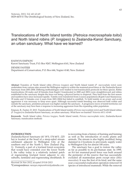 Translocations of North Island Tomtits (Petroica Macrocephala Toitoi) and North Island Robins (P