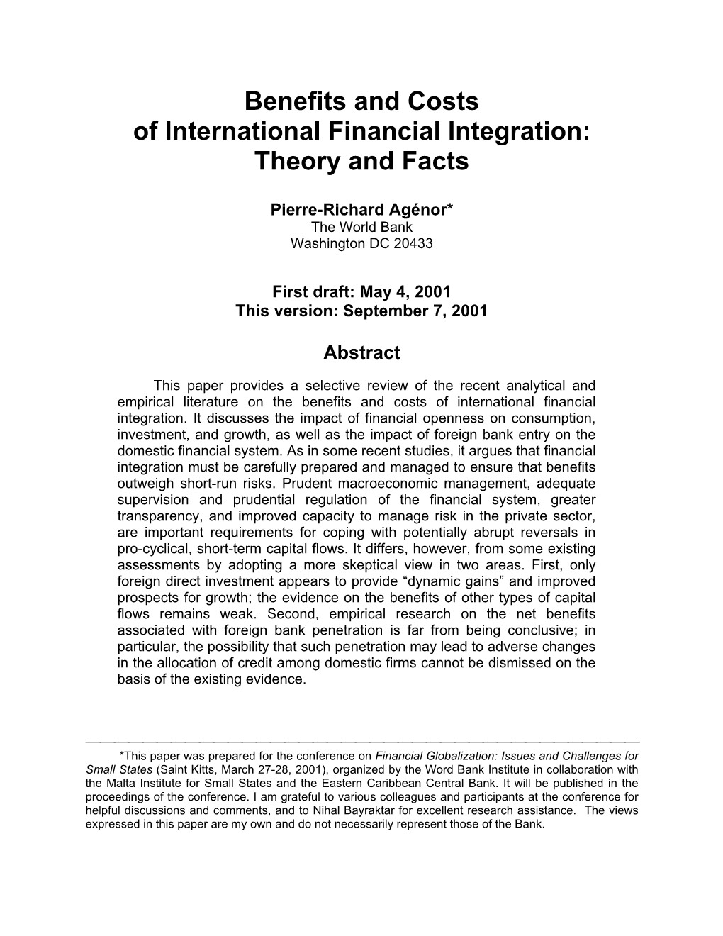 Benefits and Costs of International Financial Integration: Theory and Facts