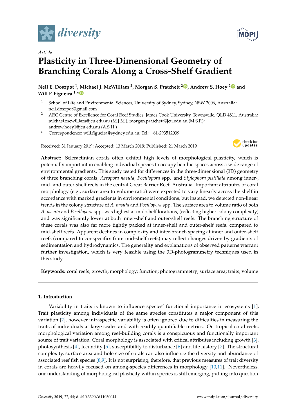 Plasticity in Three-Dimensional Geometry of Branching Corals Along a Cross-Shelf Gradient