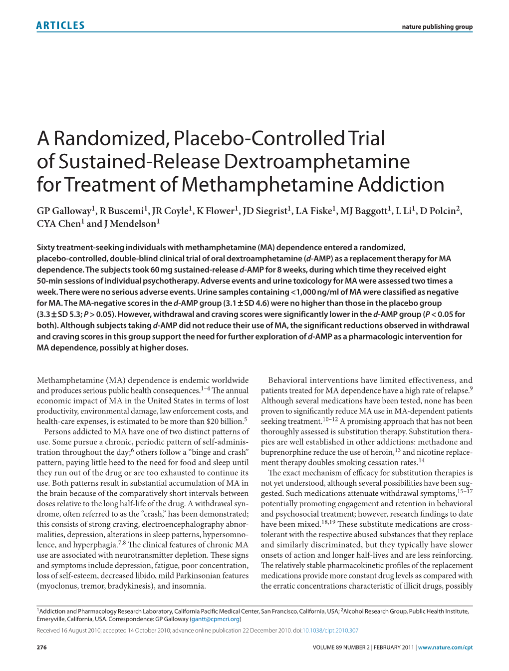 A Randomized, Placebo-Controlled Trial of Sustained-Release Dextroamphetamine for Treatment of Methamphetamine Addiction