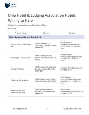 Ohio Hotel & Lodging Association Hotels Willing to Help