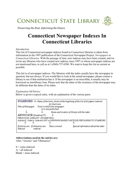 Connecticut Newspaper Indexes in Connecticut Libraries