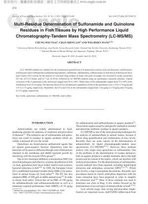 Multi-Residue Determination of Sulfonamide and Quinolone Residues in Fish Tissues by High Performance Liquid Chromatography-Tandem Mass Spectrometry (LC-MS/MS)