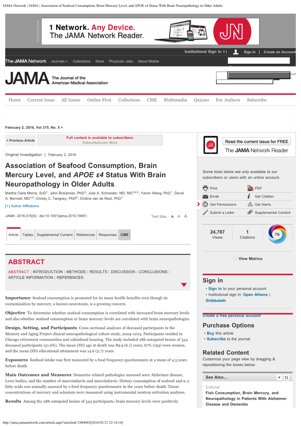 JAMA Network | JAMA | Association of Seafood Consumption, Brain Mercury Level, and APOE Ε4 Status with Brain Neuropathology in Older Adults