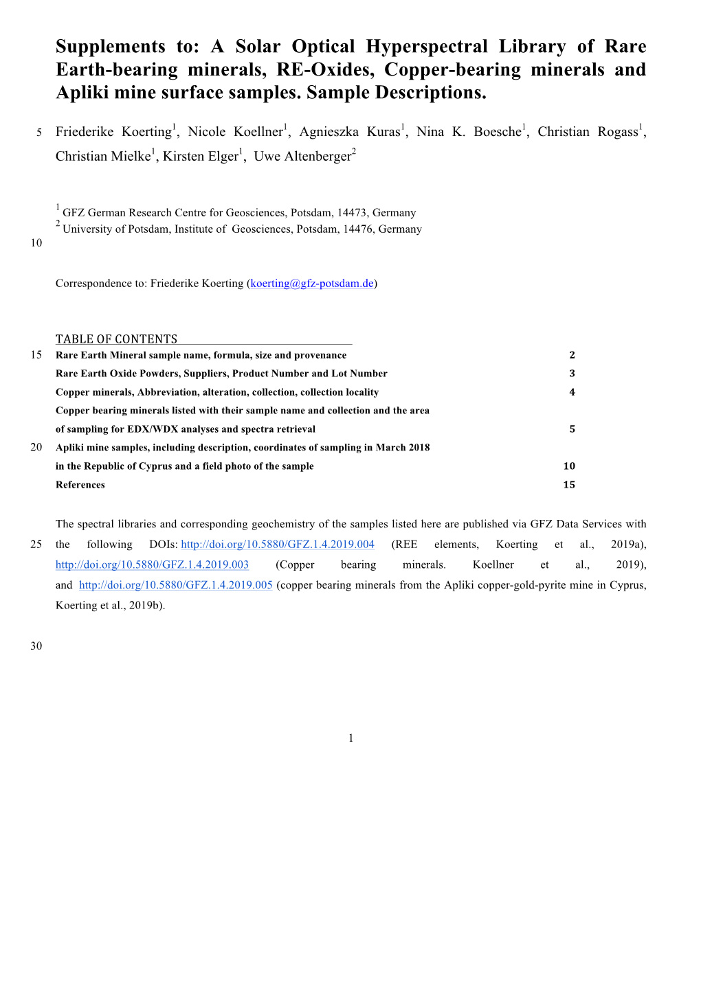 A Solar Optical Hyperspectral Library of Rare Earth-Bearing Minerals, RE-Oxides, Copper-Bearing Minerals and Apliki Mine Surface Samples