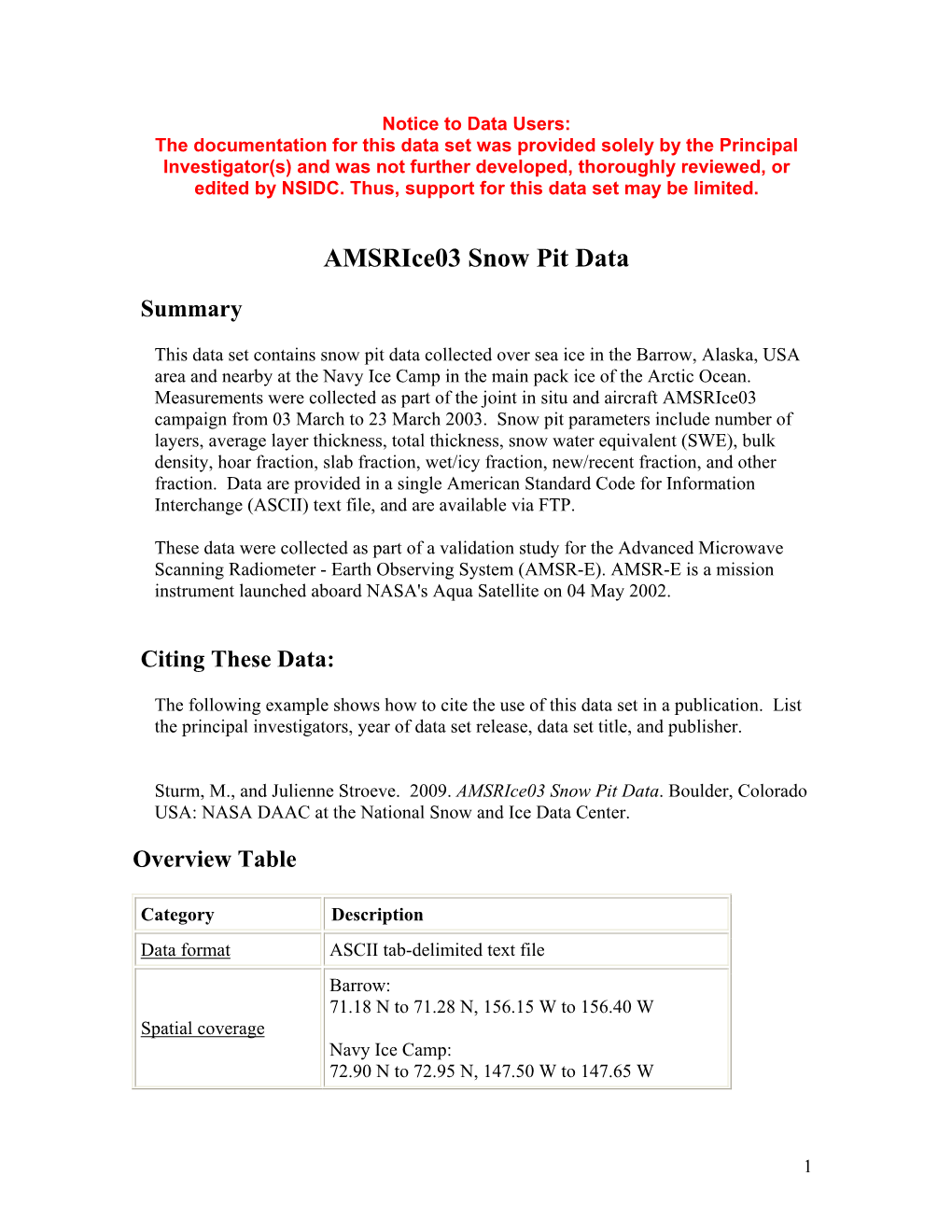 Amsrice03 Snow Pit Data