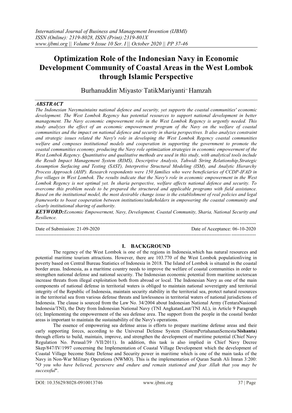 Optimization Role of the Indonesian Navy in Economic Development Community of Coastal Areas in the West Lombok Through Islamic Perspective