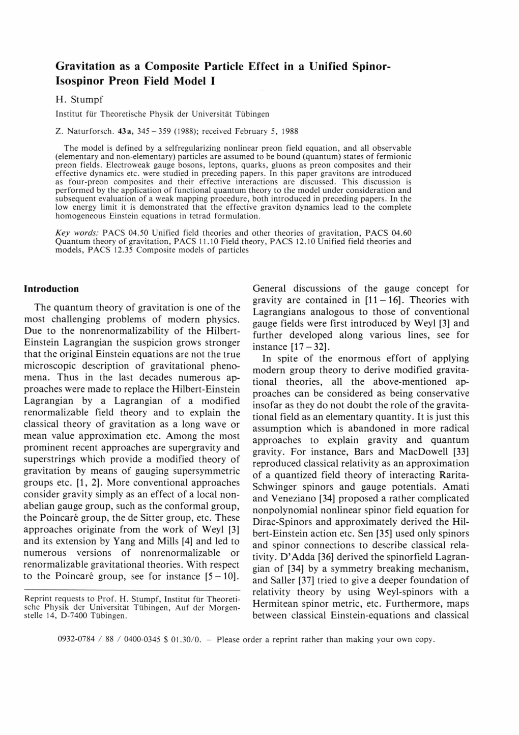 Isospinor Preon Field M Odel I H. Stumpf Institut Für Theore