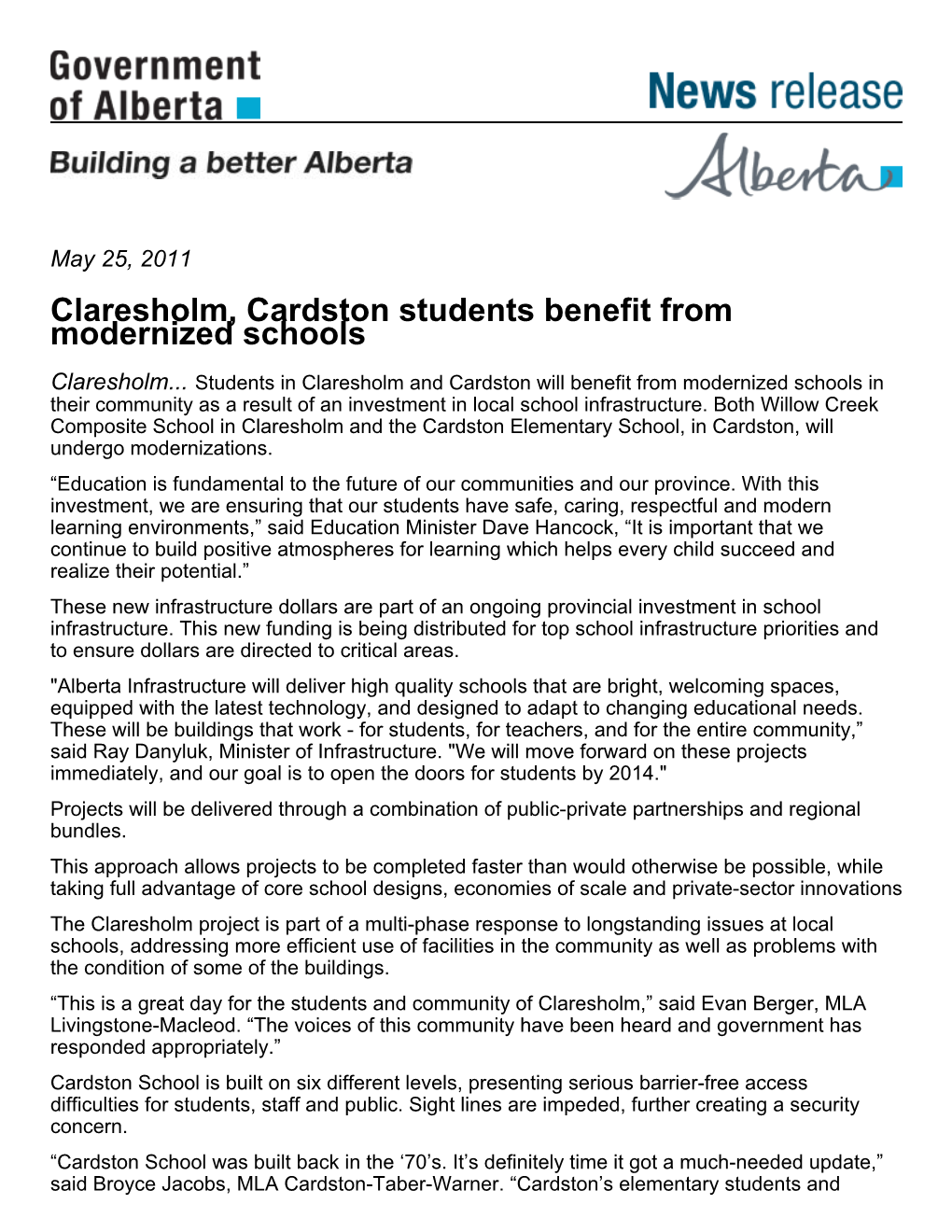 Claresholm, Cardston Students Benefit from Modernized Schools