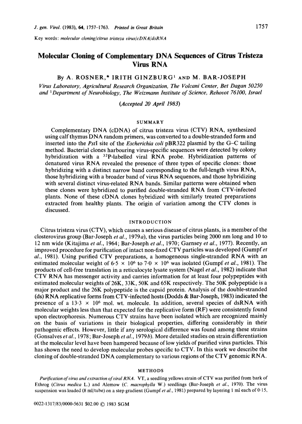 Molecular Cloning of Complementary DNA Sequences of Citrus Tristeza Virus RNA