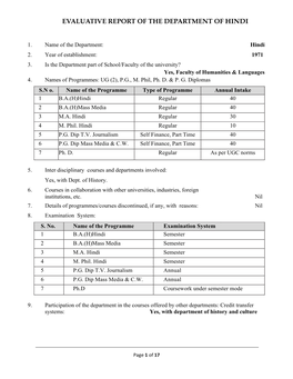Evaluative Report of the Department of Hindi