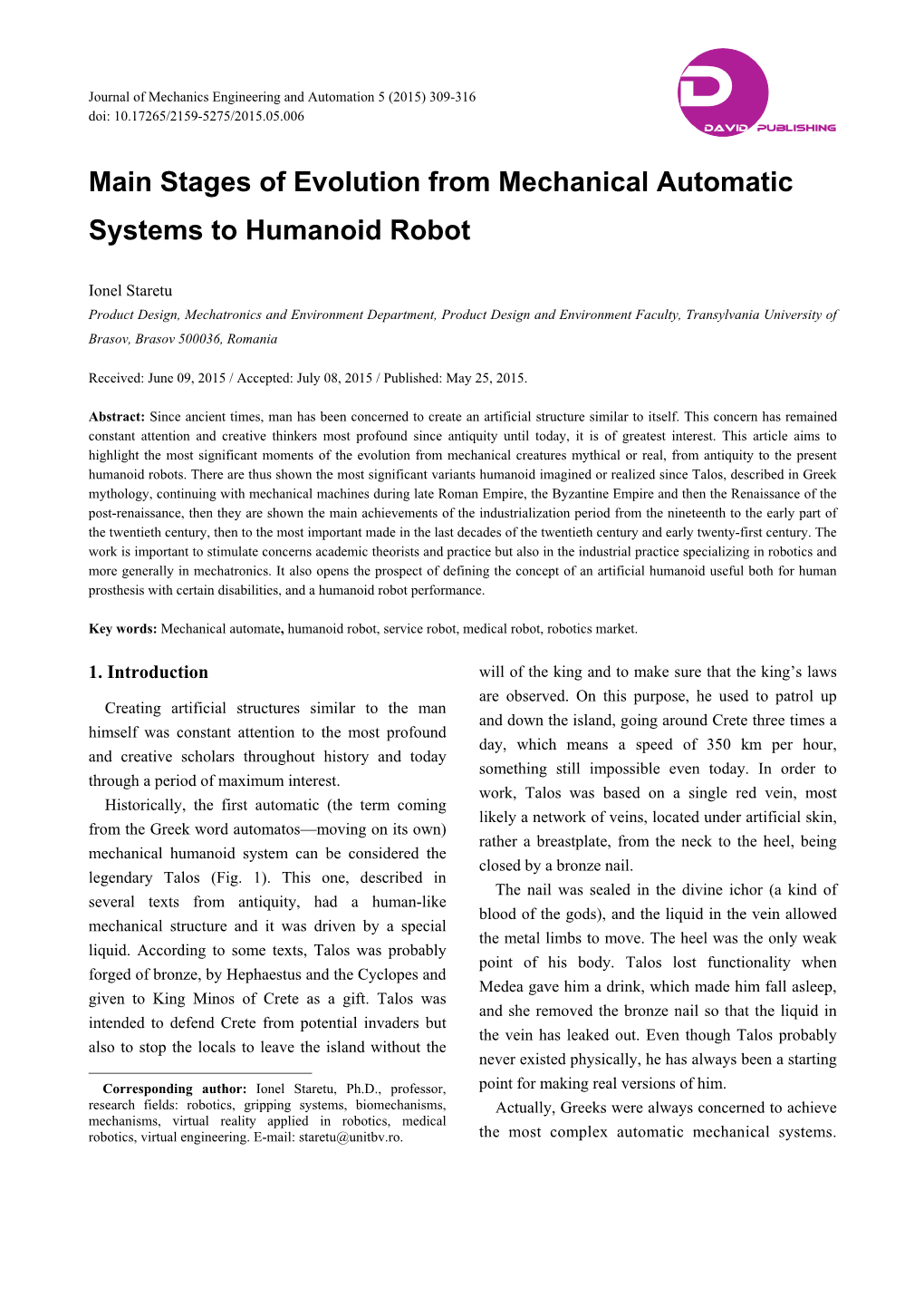 Stages of Evolution from Mechanical Automatic Systems to Humanoid Robot