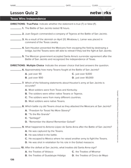 Lesson Quiz 2 Texas Wins Independence DIRECTIONS: True/False Indicate Whether the Statement Is True (T) Or False (F)