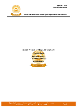 Indian Women Writing: an Overview Vimal B Patel Research Scholar C.U.Shah University Surendranagar