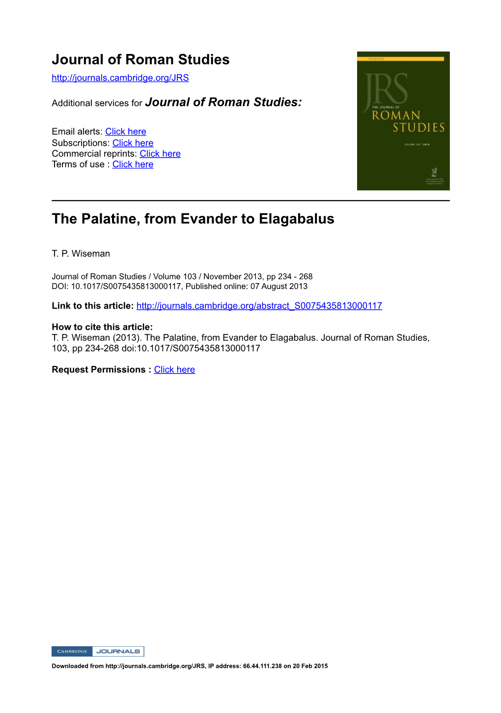 Journal of Roman Studies the Palatine, from Evander to Elagabalus