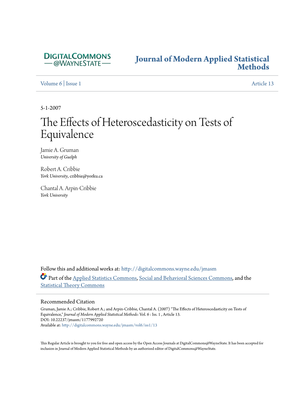 The Effects of Heteroscedasticity on Tests of Equivalence," Journal of Modern Applied Statistical Methods: Vol
