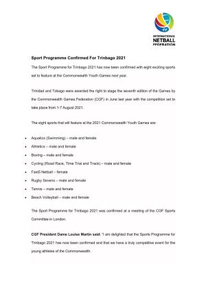 Sport Programme Confirmed for Trinbago 2021