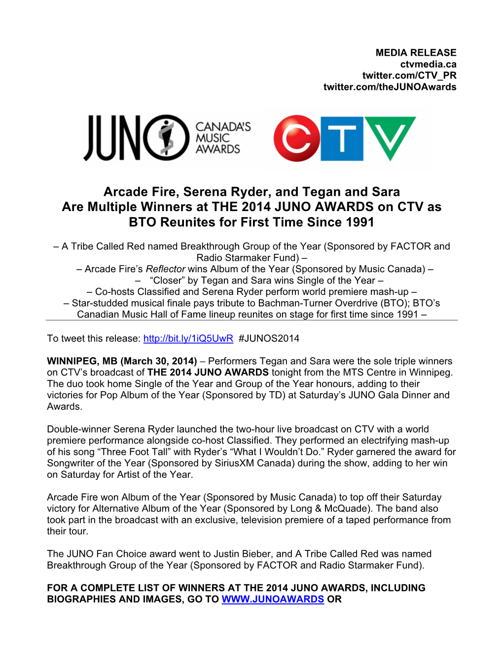 Arcade Fire, Serena Ryder, and Tegan and Sara Are Multiple Winners at the 2014 JUNO AWARDS on CTV As BTO Reunites for First Time Since 1991