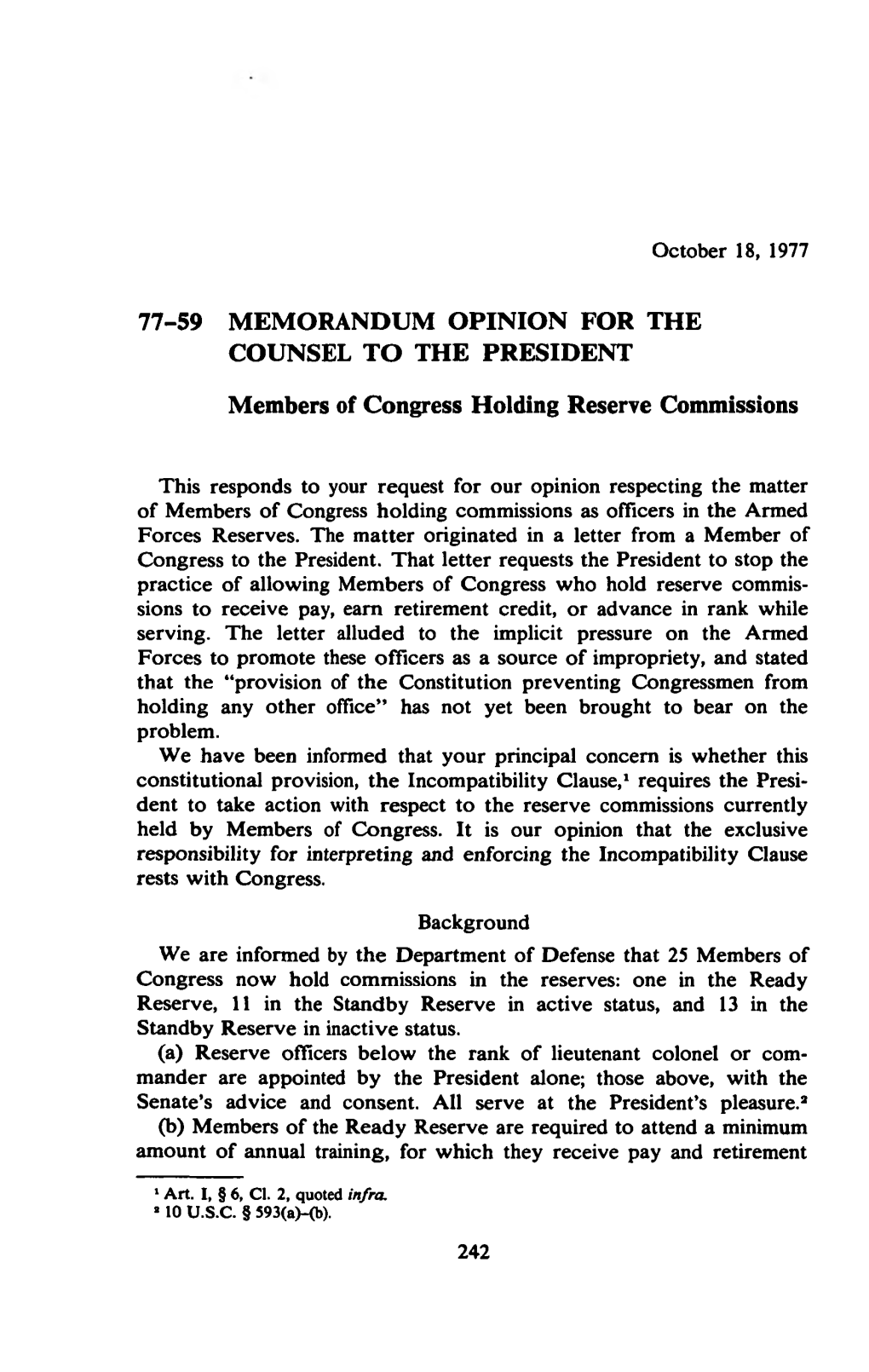 Members of Congress Holding Reserve Commissions 77-59