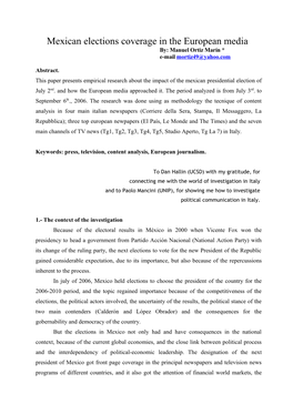 Las Elecciones Mexicanas En La Prensa Y La Televisión Italiana