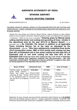Airports Auth Notice Invi Airports Authority of India Mysore Airport Notice Inviting Tender Y of India