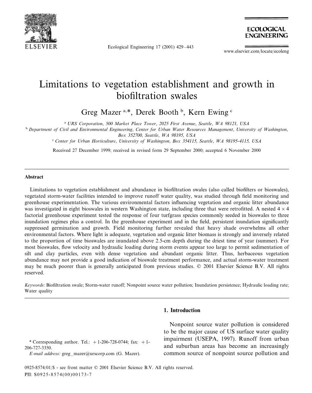 Factors Contributing to Vegetation Growth in Biofiltration Swales
