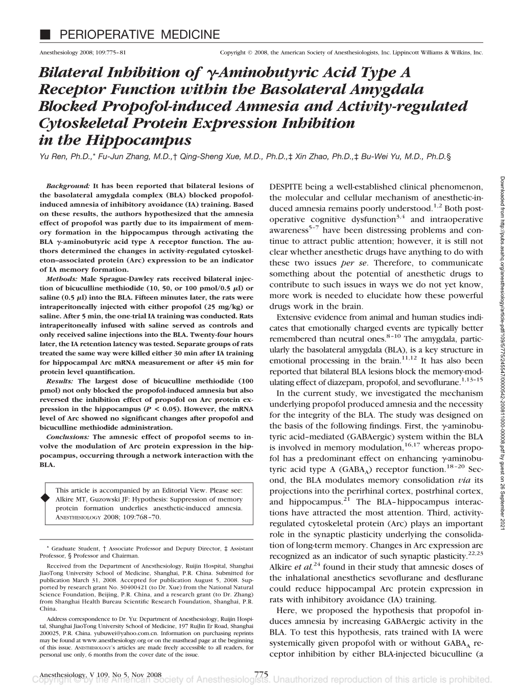 Aminobutyric Acid Type a Receptor Function Within the Basolateral Amygdala Blocked Propofol-Induced
