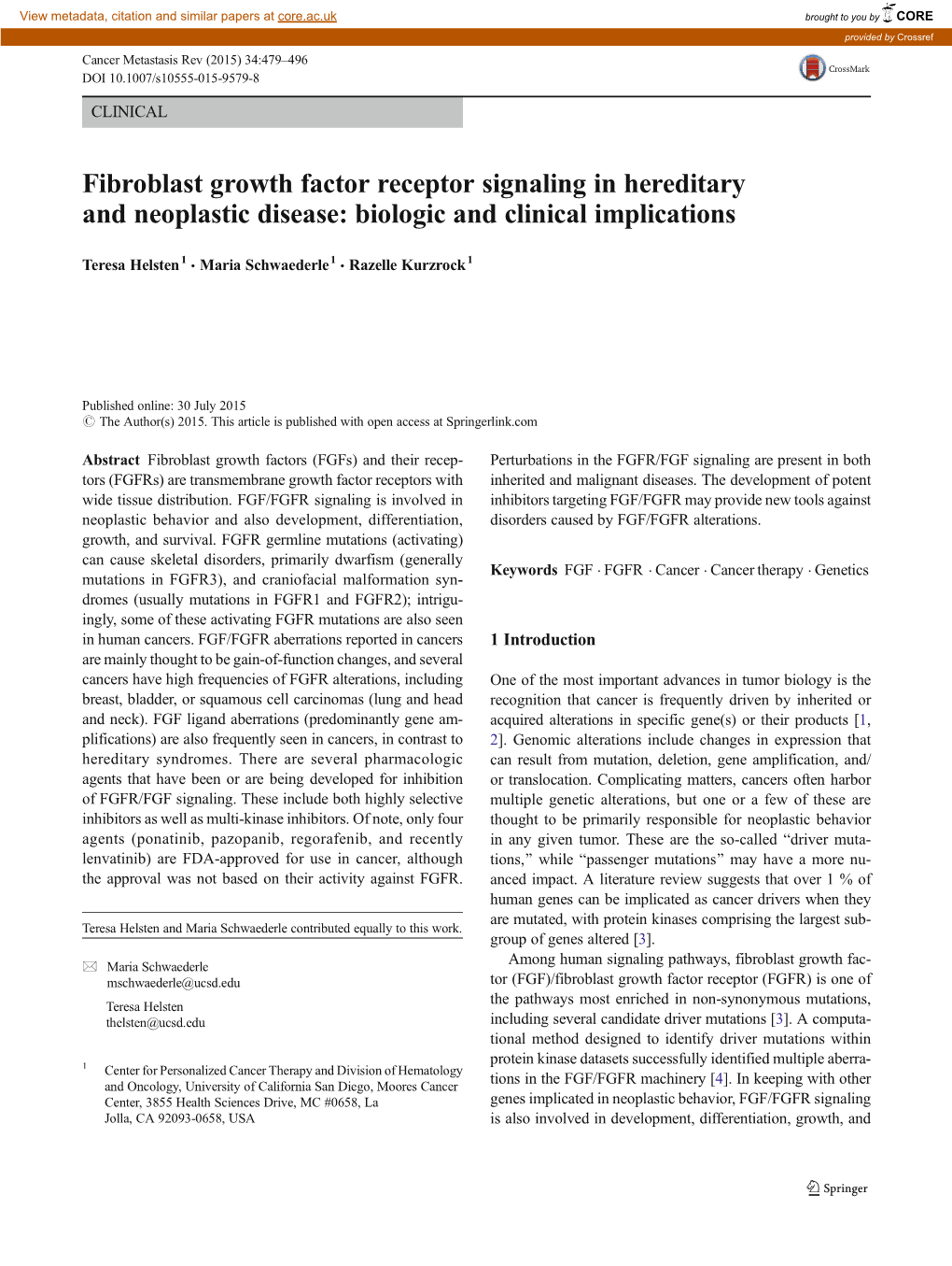 Fibroblast Growth Factor Receptor Signaling in Hereditary and Neoplastic Disease: Biologic and Clinical Implications