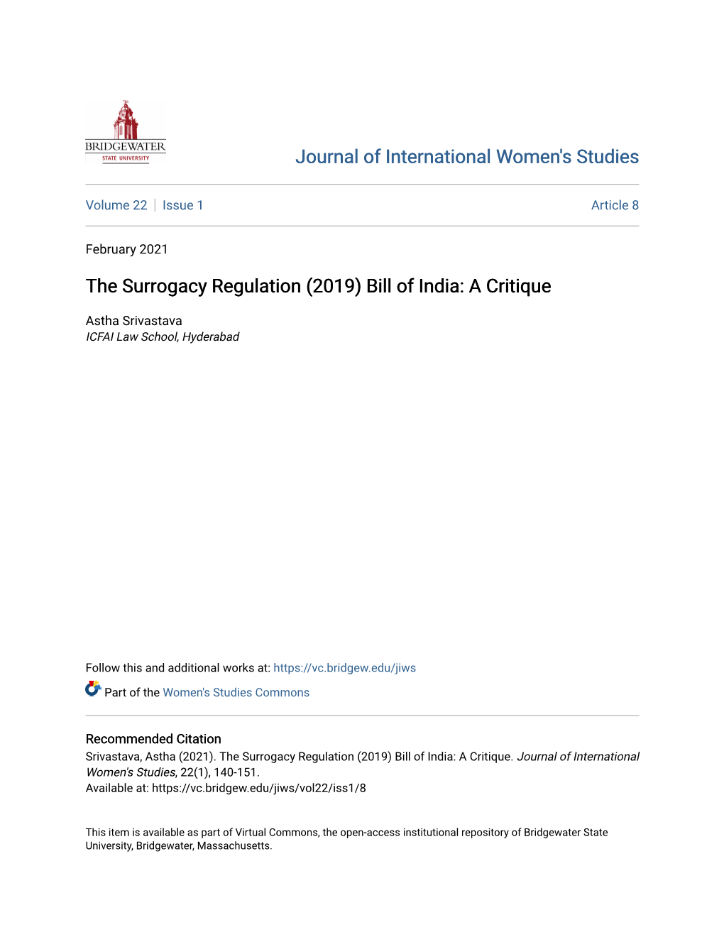 The Surrogacy Regulation (2019) Bill of India: a Critique