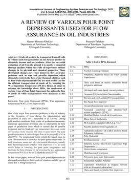 A Review of Various Pour Point Depressants Used for Flow Assurance in Oil Industries