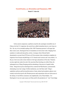 Uncivil Society, Or, Orientalism and Tiananmen, 1989 Daniel F