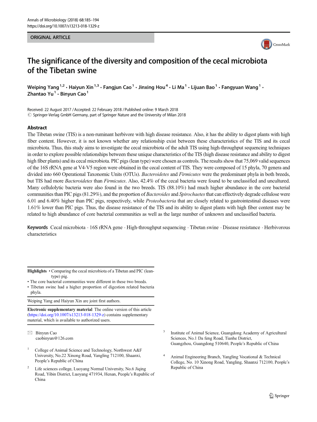 The Significance of the Diversity and Composition of the Cecal Microbiota of the Tibetan Swine
