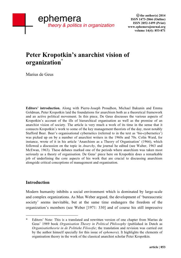 Peter Kropotkin's Anarchist Vision of Organization*