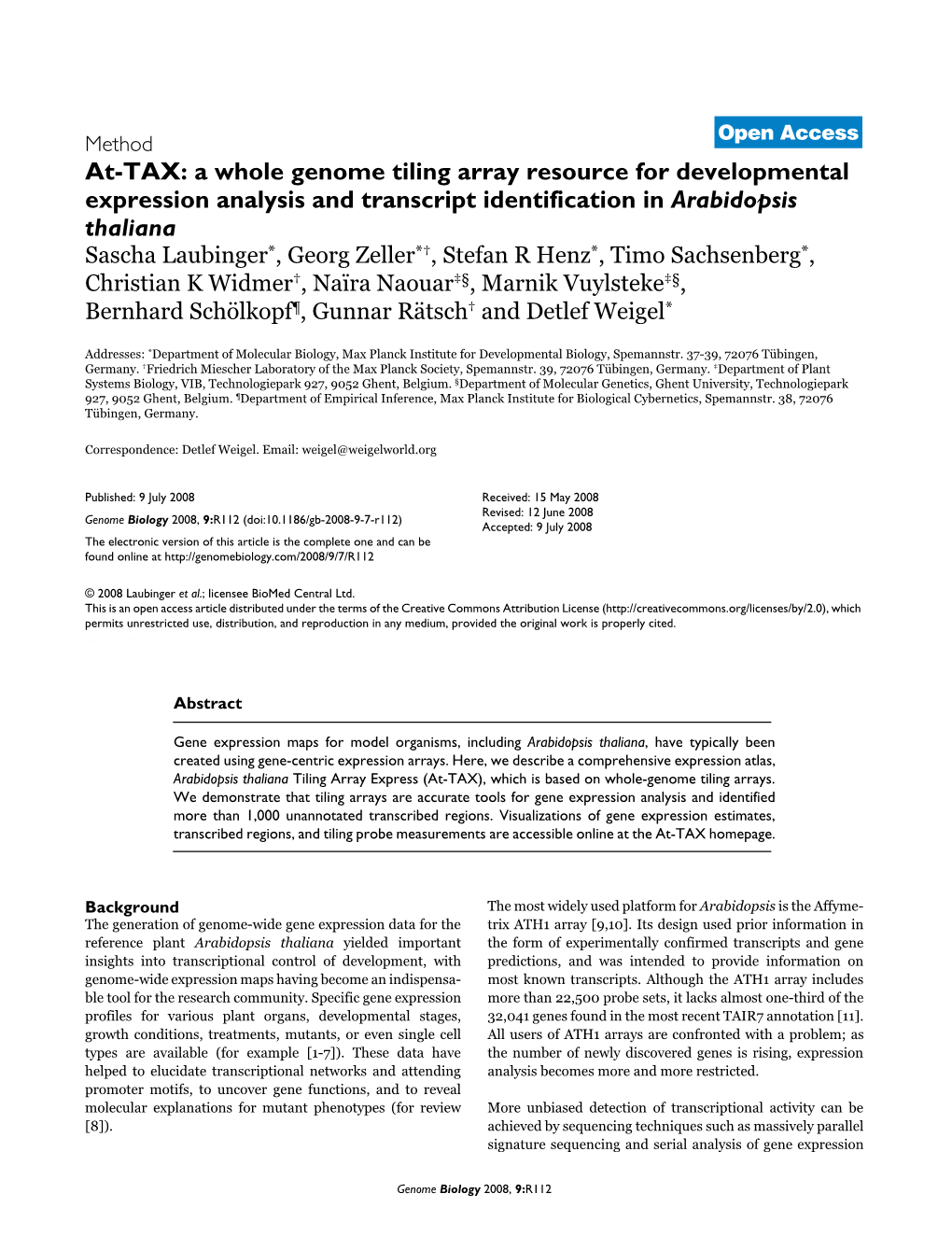 At-TAX: a Whole Genome Tiling Array Resource for Developmental Expression Analysis and Transcript Identification in Arabidopsis