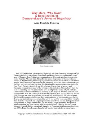 Why Marx, Why Now? a Recollection of Dunayevskaya's Power of Negativity