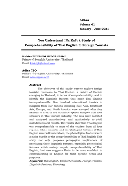 A Study of Comprehensibility of Thai English to Foreign Tourists