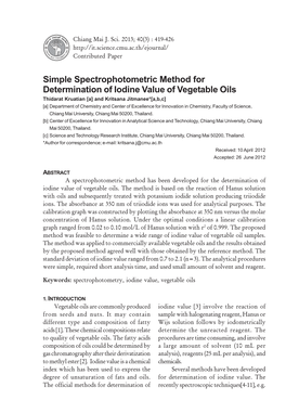 Simple Spectrophotometric Method for Determination of Iodine Value Of