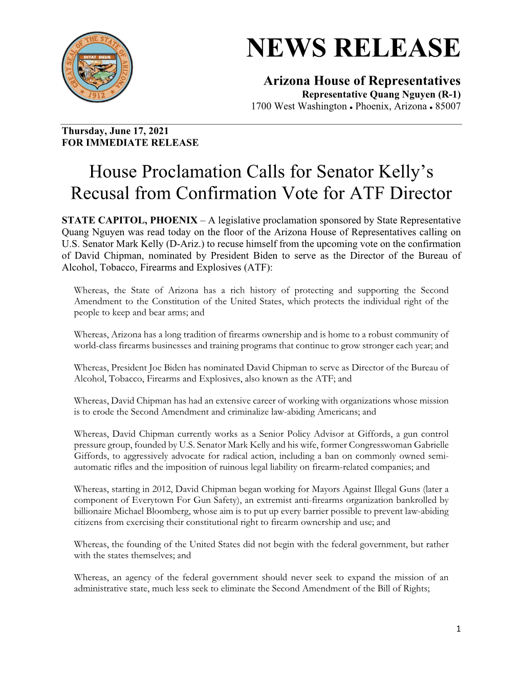 House Proclamation Calls for Senator Kelly's Recusal from Confirmation