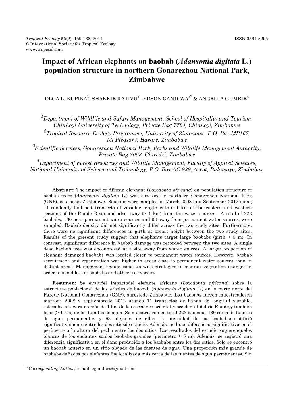 Adansonia Digitata L.) Population Structure in Northern Gonarezhou National Park, Zimbabwe