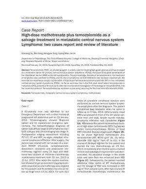 Case Report High-Dose Methotrexate Plus Temozolomide As a Salvage Treatment in Metastatic Central Nervous System Lymphoma: Two Cases Report and Review of Literature