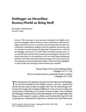 Heidegger on Heraclitus: Kosmos/World As Being Itself