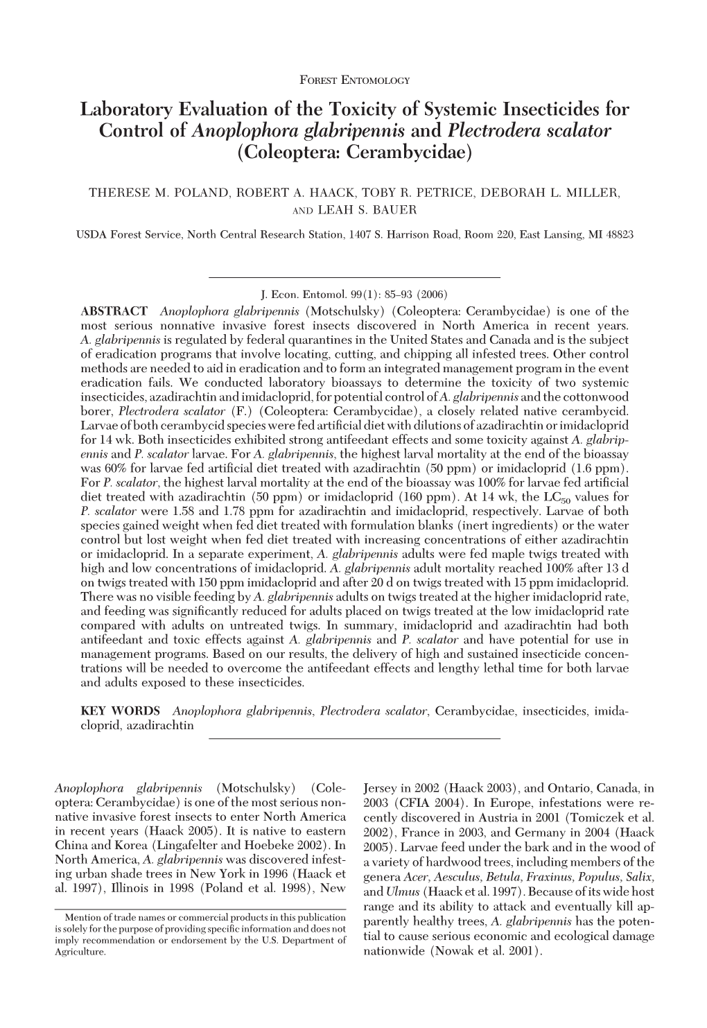 Laboratory Evaluation of the Toxicity of Systemic Insecticides for Control of Anoplophora Glabripennis and Plectrodera Scalator (Coleoptera: Cerambycidae)