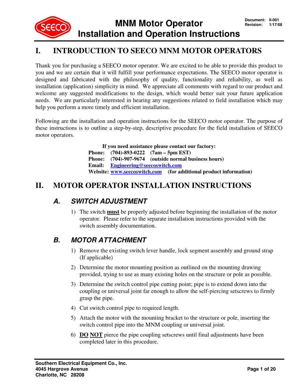 MNM Motor Operator Installation and Operation Instructions
