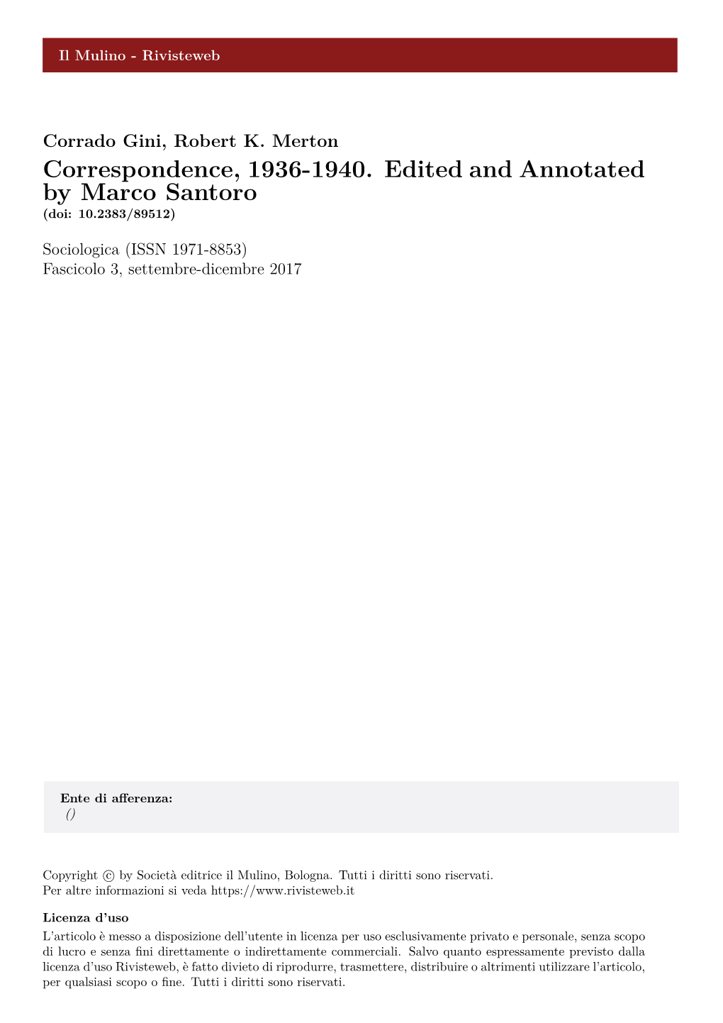 Corrado Gini and Robert K. Merton: “Correspondence, 1936-19401” Edited and Annotated by Marco Santoro by Corrado Gini and Robert K