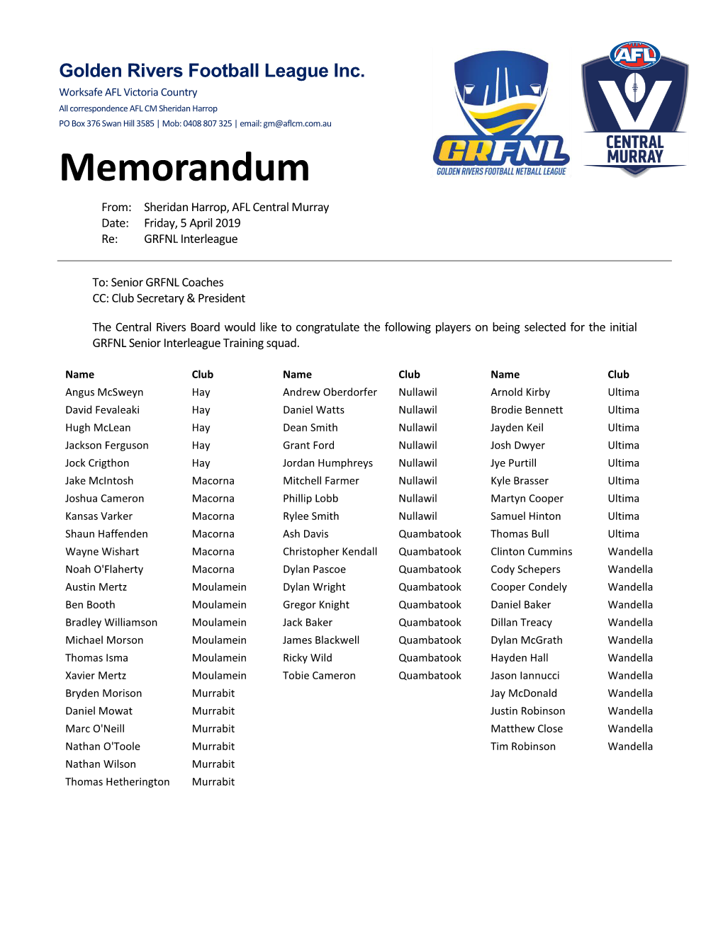 GRFNL Initial Senior Interleague Training Squad