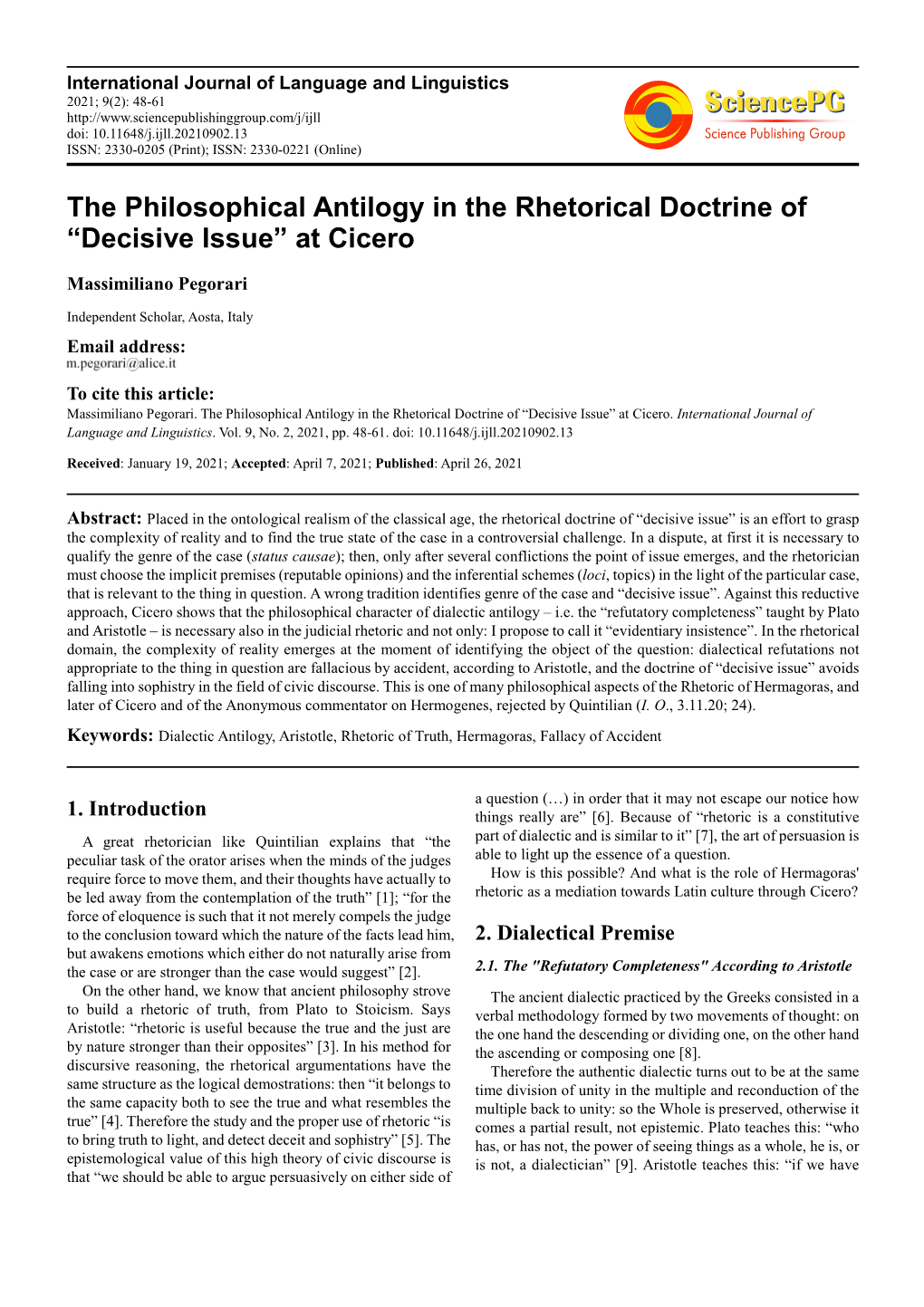 The Philosophical Antilogy in the Rhetorical Doctrine of “Decisive Issue” at Cicero