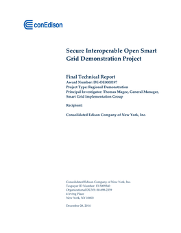 Consolidated Edison Company of NY, Secure Interoperable Open Smart Grid Demonstration Project, Final Report